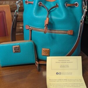 Dooney & Bourke Teal Leather Bucket Bag and Wallet Set Strap 22in H 10.5in W10in